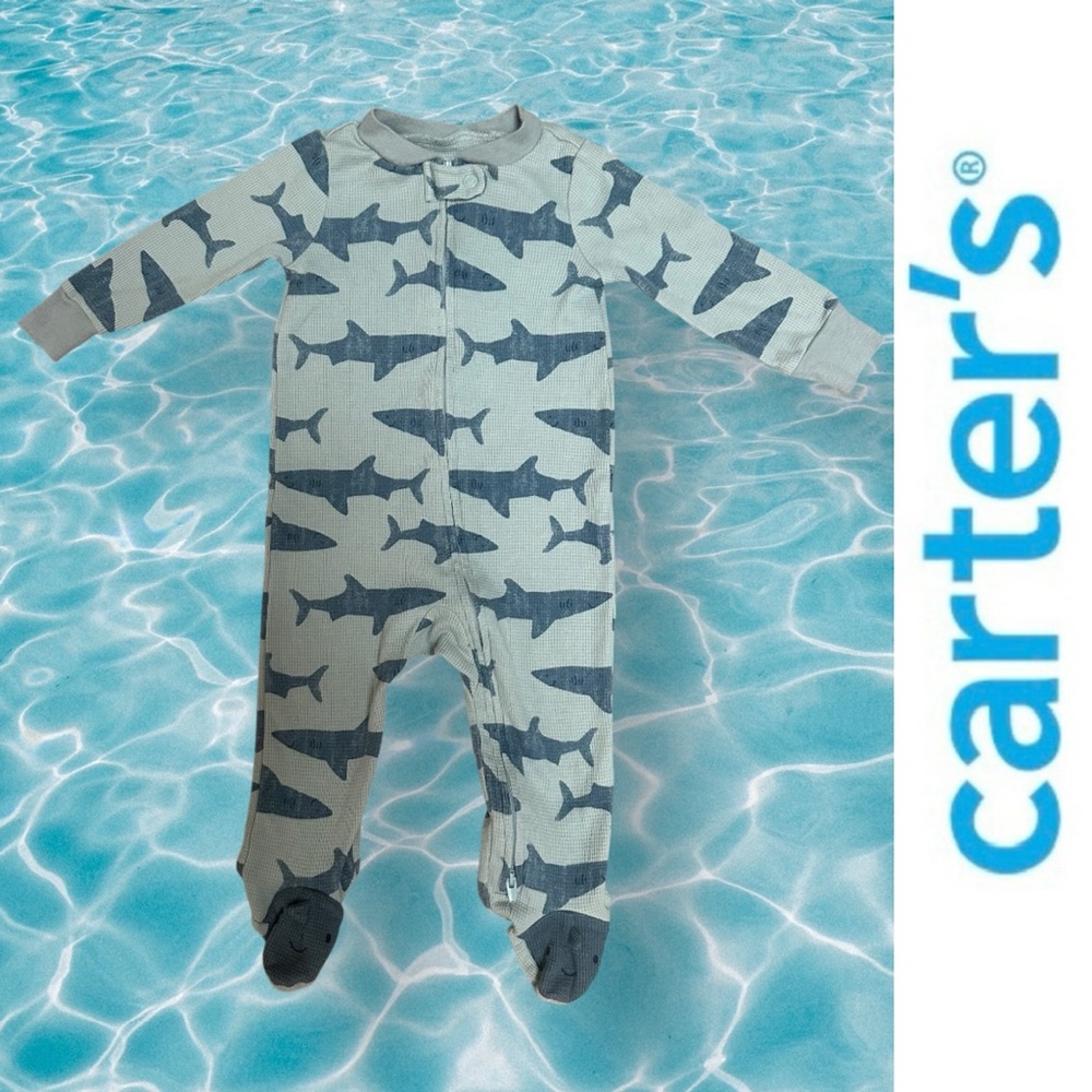 Carter's Blue and Gray Shark Footies One Piece, Size 9 M, MSRP $12